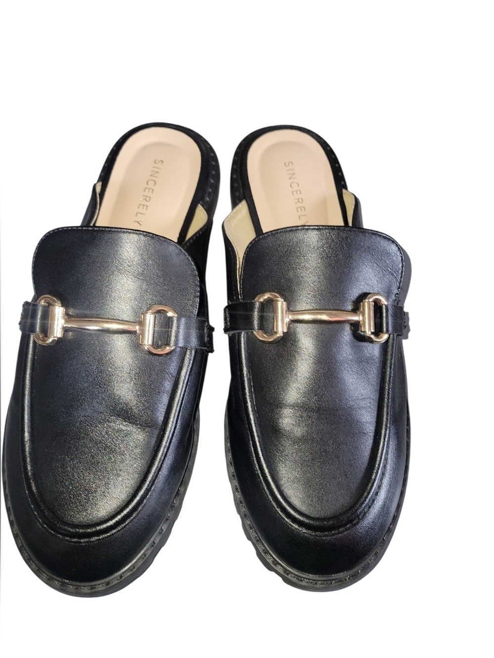 Sincerely Jules Black Man Made Vegan Slip-On Gold Metal Horsebit Mules 7.5M